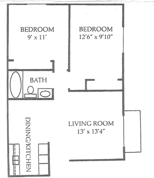 Two Bedroom / One Bath - 733 Sq. Ft. floor plan